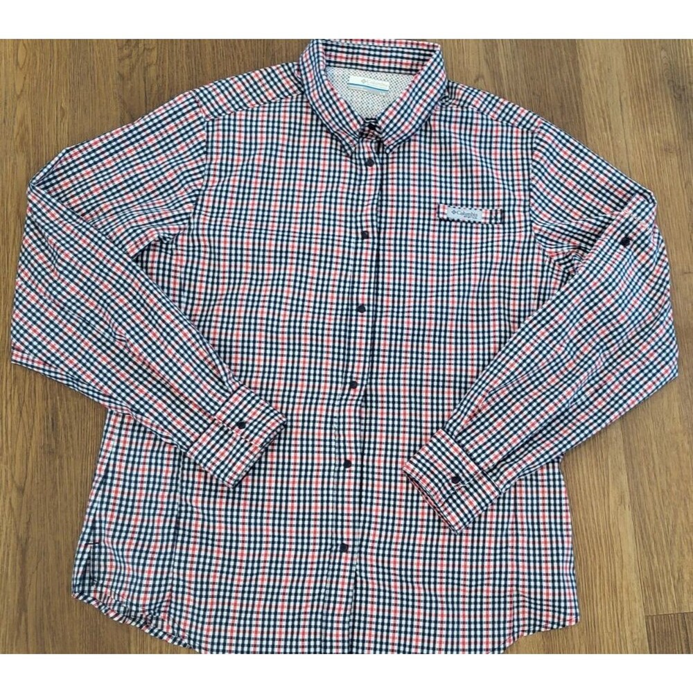 Columbia PFG Men’s Large Plaid Long Sleeve Vented Fishing Shirt Red Blue